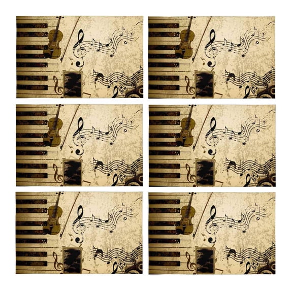 MKHERT Vintage Musical Violin Piano and Music Notes Placemats Table Mats for Dining Room Kitchen Table Decoration 12x18 inch,Set of 6