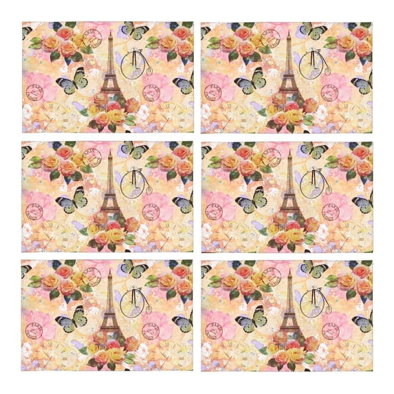 MKHERT Vintage Paris Eiffel Tower, Antique Bicycle Bike Flowers Butterfly Placemats Table Mats for Dining Room Kitchen Table Decoration 12x18 inch,Set of 6