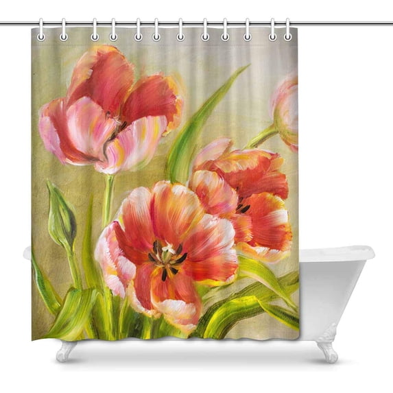 MKHERT Vintage Red Tulips Floral Oil Painting House Decor Shower Curtain Bathroom Decorative Bathroom Shower Curtain Set Rings 66x72 inch