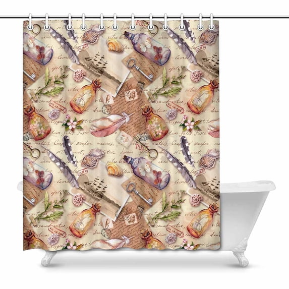 MKHERT Vintage Retro Flowers Feathers Sea Shells Keys and Glass Bottles Decor Waterproof Polyester Fabric Shower Curtain Bathroom Sets 66x72 inch