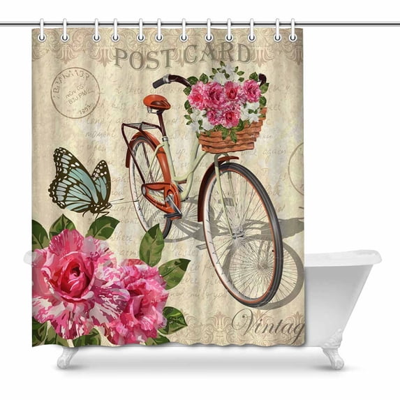 MKHERT Vintage Roses Butterflies and Bicycle Home Decor Waterproof Polyester Bathroom Shower Curtain Bath 66x72 inch