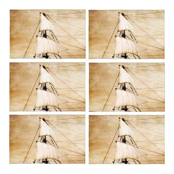 MKHERT Vintage Sails Pirate Ship On Old Paper Placemats Table Mats for Dining Room Kitchen Table Decoration 12x18 inch,Set of 6