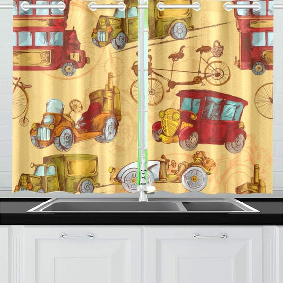 MKHERT Vintage Steampunk Cars Window Curtains Kitchen Curtain Room Bedroom Drapes Curtains 26x39 inch, 2 Piece