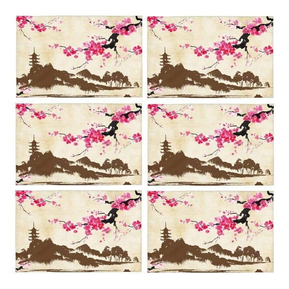 MKHERT Vintage Watercolor Landscape with Spring Sakura Cherry Blossom and Hill Placemats Table Mats for Dining Room Kitchen Table Decoration 12x18 inch,Set of 6