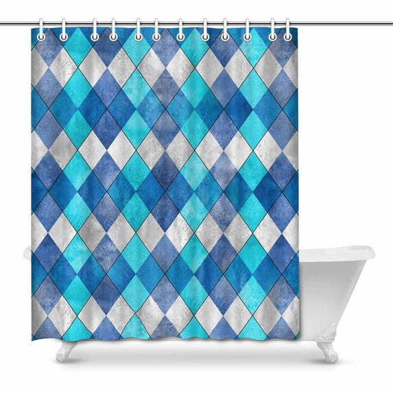 MKHERT Watercolor Argyle Plaid Pattern Teal Turquoise Diamond Shapes Decor Waterproof Polyester Fabric Shower Curtain Bathroom Sets 66x72 inch