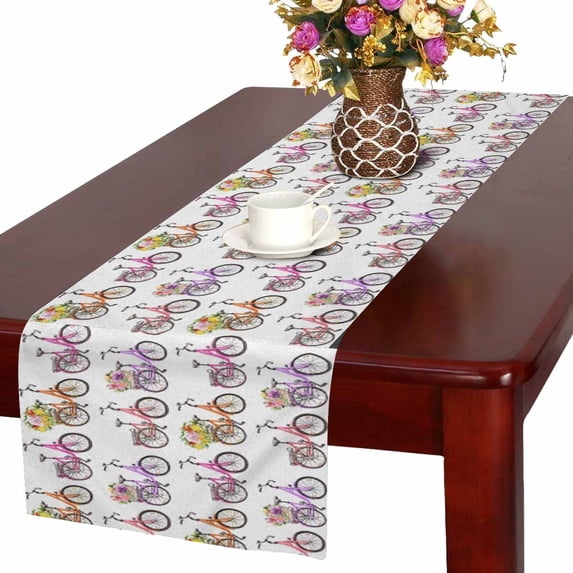 MKHERT Watercolor Bike Bicycles with Flowers in Basket Table Runner Home Decor for Home Kitchen Dining Wedding Party 16x72 Inch