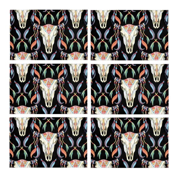 MKHERT Watercolor Buffalo Skull Animal Art Placemats Table Mats for Dining Room Kitchen Table Decoration 12x18 inch,Set of 6
