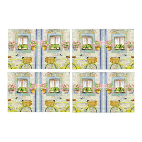MKHERT Watercolor Country Life Village House Bicycle and Flowers Placemats Table Mats for Dining Room Kitchen Table Decoration 12x18 inch,Set of 4