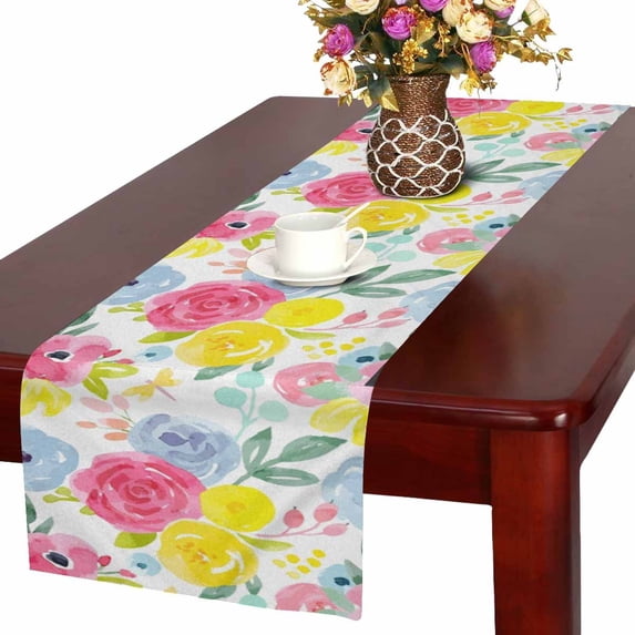 MKHERT Watercolor Floral Pattern Pink Blue Yellow Flowers Table Runner Home Decor for Wedding Party Banquet Decoration 16x72 Inch