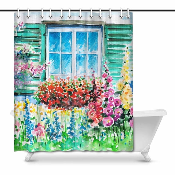 MKHERT Watercolor Flowering Garden with Window View Waterproof Shower Curtain Decor Fabric Bathroom Set 66x72 inch