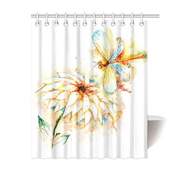 MKHERT Watercolor Flying Orange Dragonfly and Lily Flower Decor Waterproof Polyester Fabric Shower Curtain Bathroom Sets 60x72 inch