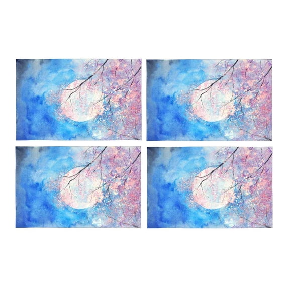 MKHERT Watercolor Full Moon and Cherry Blossom Tree Landscape Placemats Table Mats for Dining Room Kitchen Table Decoration 12x18 inch,Set of 4