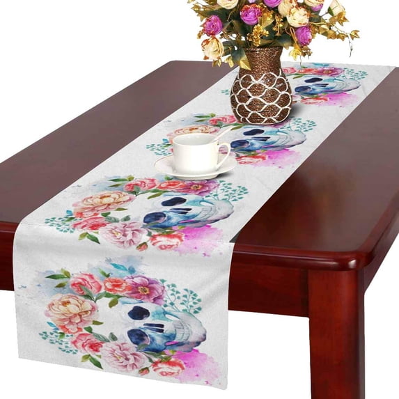 MKHERT Watercolor Human Sugar Skulls with Flowers Table Runner Home Decor for Wedding Banquet Decoration 16x72 Inch