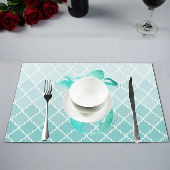 MKHERT Watercolor Mermaid Silhouette with Teal Moroccan Trellis Placemats Table Mats for Dining Room Kitchen Table Decoration 12x18 inch,Set of 4