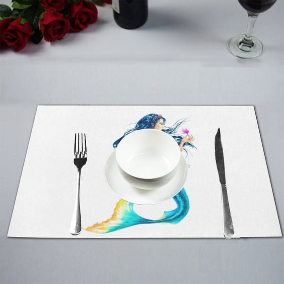 MKHERT Watercolor Mermaid holding a Flower Myth Design Placemats Table Mats for Dining Room Kitchen Table Decoration 12x18 inch,Set of 6