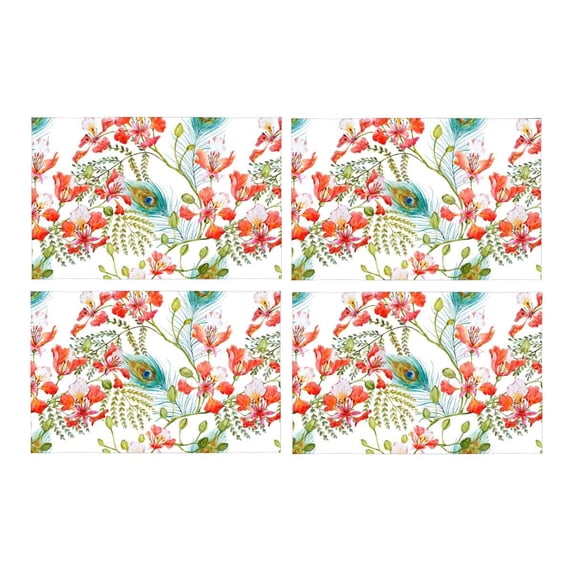 MKHERT Watercolor Peacock Feathers with Tree Branches and Flowers Placemats Table Mats for Dining Room Kitchen Table Decoration 12x18 inch,Set of 4