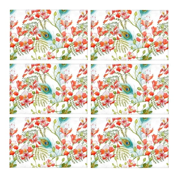 MKHERT Watercolor Peacock Feathers with Tree Branches and Flowers Placemats Table Mats for Dining Room Kitchen Table Decoration 12x18 inch,Set of 6