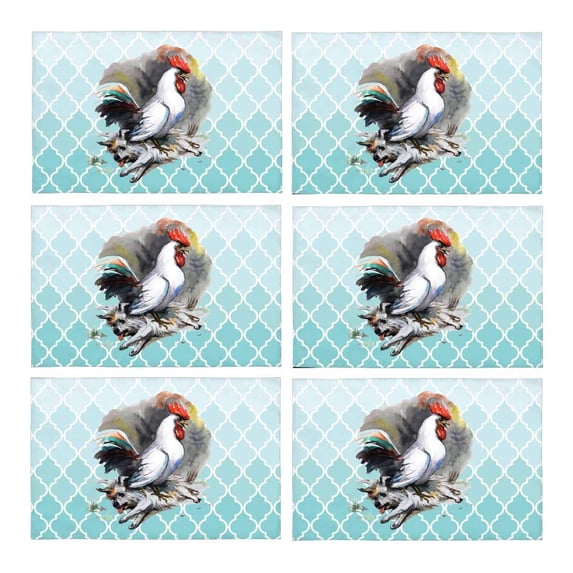 MKHERT Watercolor Rooster Win Over The Dog Moroccan Trellis Placemats Table Mats for Dining Room Kitchen Table Decoration 12x18 inch,Set of 6