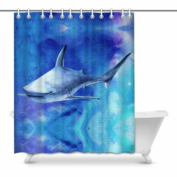 MKHERT Watercolor Sea Life Blue Shark Waterproof Shower Curtain Decor Fabric Bathroom Set 60x72 inch
