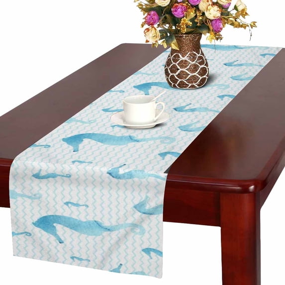 MKHERT Watercolor Seahorse Sea Life in Blue Chevron Design Table Runner Home Decor for Wedding Banquet Decoration 16x72 Inch