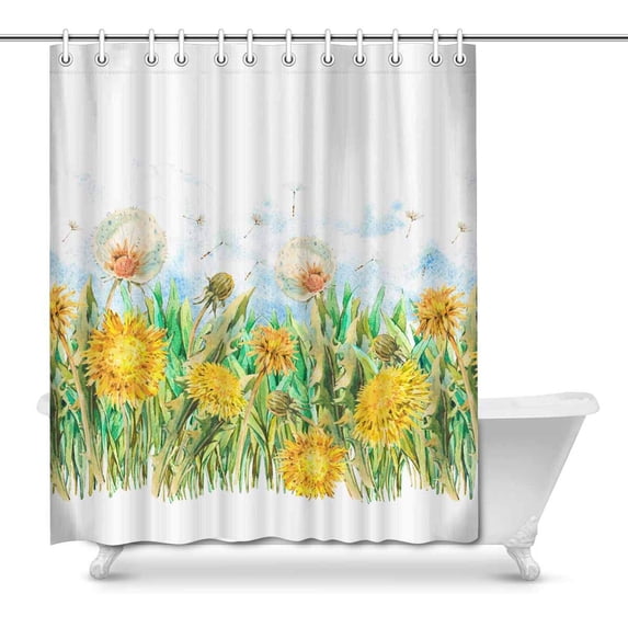 MKHERT Watercolor Spring Flowers Yellow White Dandelions Butterfly House Decor Shower Curtain Bathroom Decorative Bathroom Shower Curtain Set Rings 66x72 inch