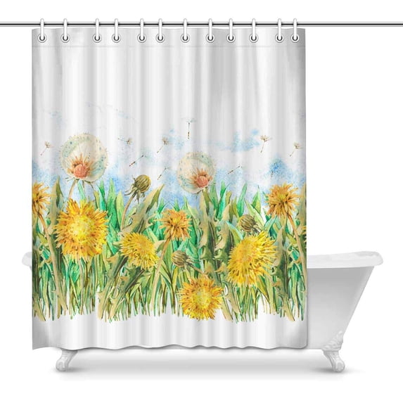 MKHERT Watercolor Spring Flowers Yellow White Dandelions Butterfly Waterproof Polyester Fabric Shower Curtain Bathroom Sets Hooks 60x72 inch