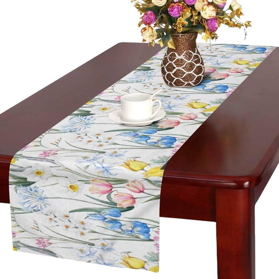 MKHERT Watercolor Spring Tulip Flowers Pink Freesia and Blue Iris Table Runner Home Decor for Home Kitchen Wedding Party Banquet Decoration 16x72 Inch