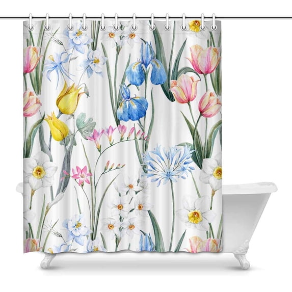 MKHERT Watercolor Spring Tulip Flowers Pink Freesia and Blue Iris Waterproof Fabric Shower Curtain Set for Bathroom 60x72 inch