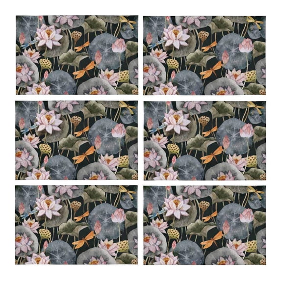 MKHERT Watercolor Summer Lotus Flowers with Drangonfly Placemats Table Mats for Dining Room Kitchen Table Decoration 12x18 inch,Set of 6