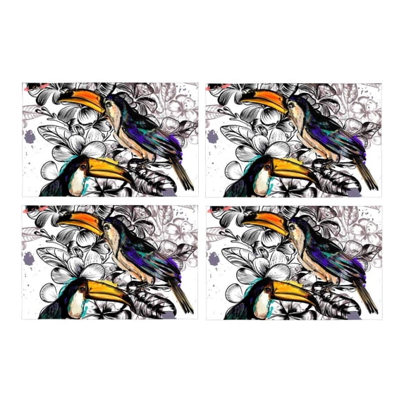 MKHERT Watercolor Tropical Flowers and Toucan Birds Placemats Table Mats for Dining Room Kitchen Table Decoration 12x18 inch,Set of 4
