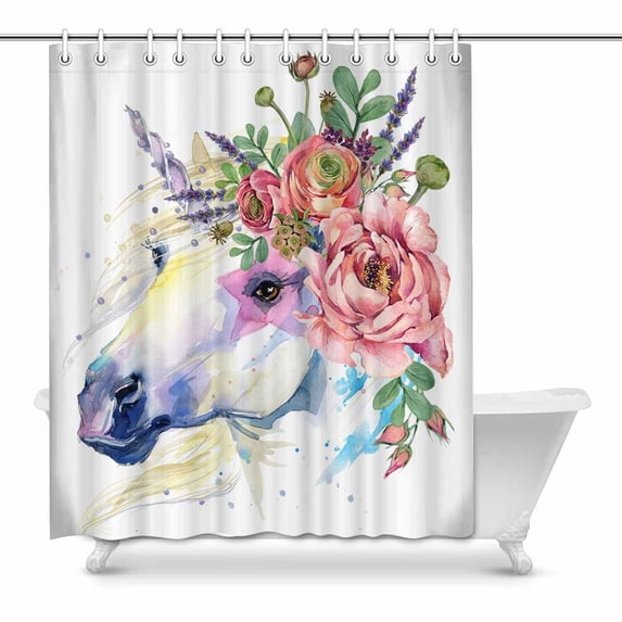 MKHERT Watercolor Unicorn Horse with Flower Bouquet House Decor Shower Curtain for Bathroom Decorative Fabric Bath Curtain Set 60x72 inch