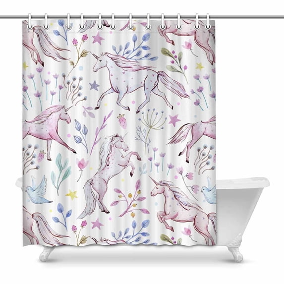MKHERT Watercolor White Unicorns with Flowers and Strewberry Waterproof Polyester Fabric Shower Curtain Bathroom Sets 60x72 inch