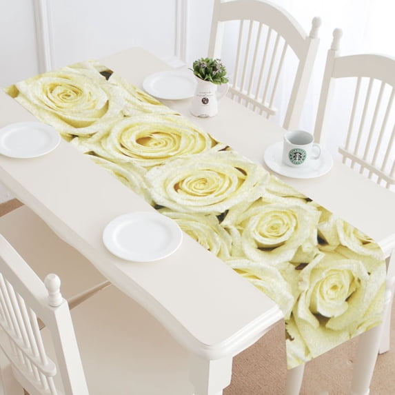 MKHERT White Roses Table Runner for Office Kitchen Dining Wedding Party Home Decor 14x72 inch