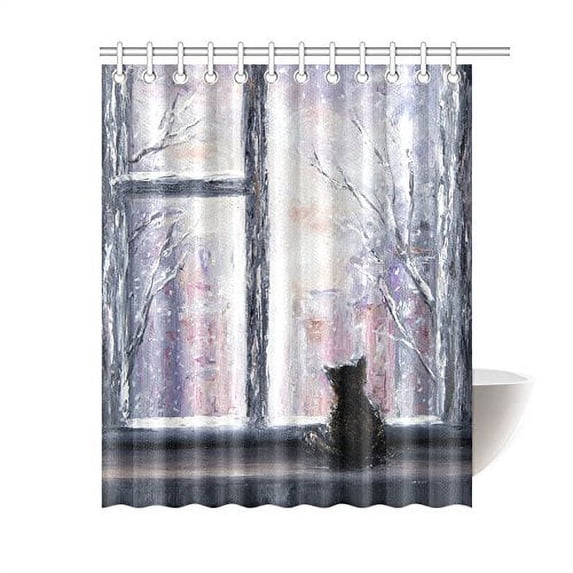 MKHERT Winter Scene Domestic Cat Polyester Fabric Bathroom Shower Curtain 60x72 inch