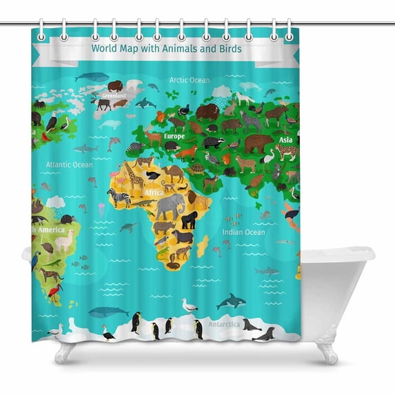 MKHERT World Map with Animals and Birds Waterproof Polyester Fabric Shower Curtain Bathroom Sets 60x72 inch