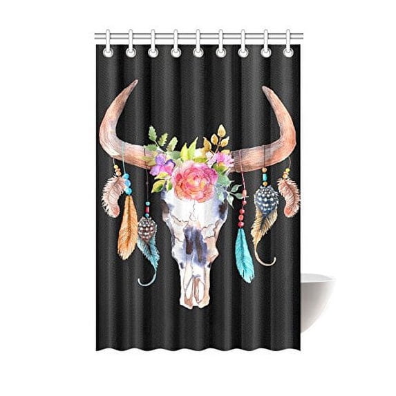 MKHERT watercolor bull skull with flowers Polyester Fabric Bathroom Shower Curtain 48x72 inch