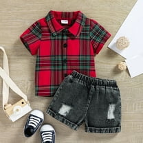MKHSQHDG 6-9 Month Boy Clothes Baby Boy Outfits 9-12 Months Toddler Baby Girls Spring Summer Plaid Short Sleeve Shirt Jeans Shorts Outfits Clothes Baby Boy Outfits Cotton