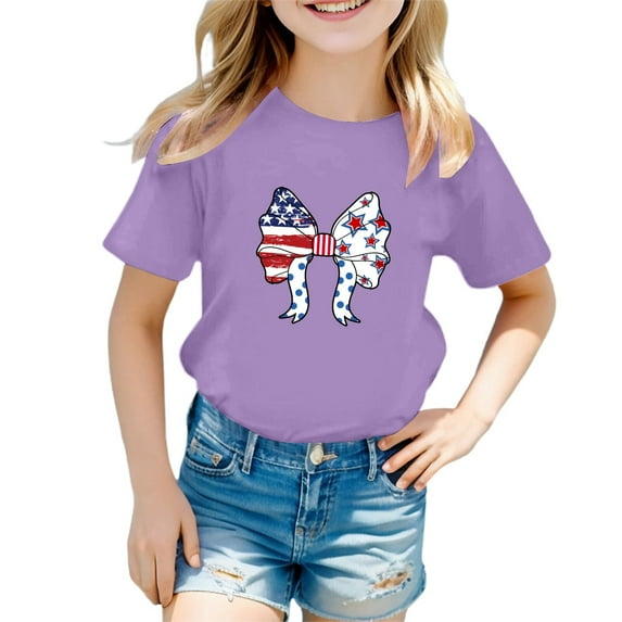 MKHSQHDG Girls Shirts Size 10-12 Long Sleeve Girl's 4th of July Patriotic Short Sleeve T Shirt Cute Independence Day Flag Print Tee Comfortable Casual Summer Top for Toddler Kids 18-24 Months