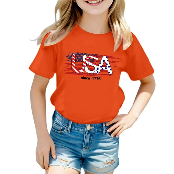 MKHSQHDG Girls Tshirts 6-7 Years Old Girl's 4th of July Patriotic Short Sleeve T Shirt Cute Independence Day Flag Print Tee Comfortable Casual Summer Top for Toddler Kids 9-10 Years