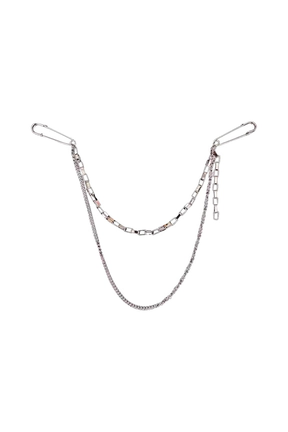 Hip Hop Chain Brooch Pin, Silver Tone Double Layer Tassel Link Chain Pin for Men Women, Punk Gothic Style Suit Accessory for Jacket Decoration, Silvery