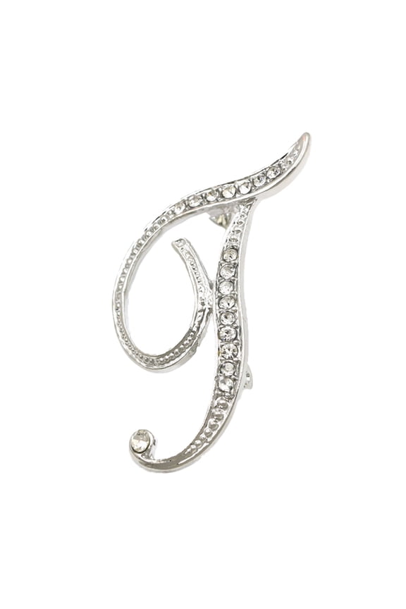 Initial Letter T Brooch Pin, Pave Crystal Alphabet Lapel Pin for Women, Silver Tone Alloy Metal Badge for Personalized Suit Jewelry XD8150-39, White