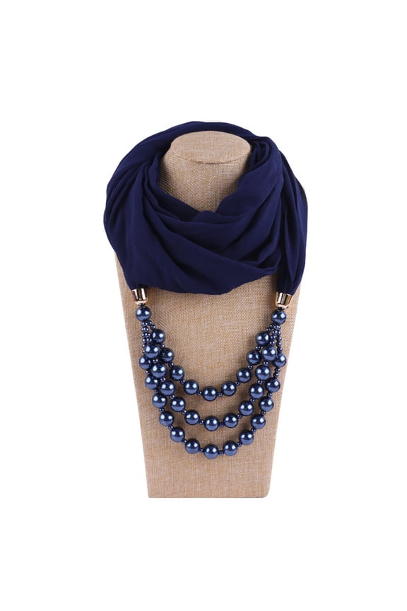 Soft Chiffon Jewelry Scarf - Elegant Built-in Pendant Design, Versatile Vintage Fashion Accessory, Navy, Jewelry Scarf, Soft Chiffon