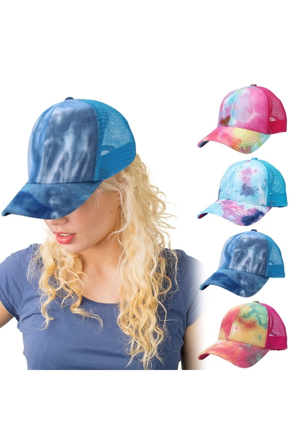 Women's Ponytail Baseball Cap Hat Tie-Dye Colorful Boho Ponytail Hole Adjustable Hat for Hair Friendly Outdoor Sun Protection, Yellow, Baseball Cap Hat, Ponytail, Tie-Dye