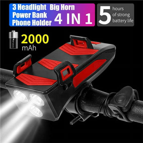 MKL Innovations Four in One Bike Head Light w/ Three mode Flashlight, Horn, PowerBank and Phone holder- Red Color