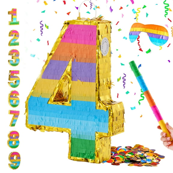 MKLZ Number 4 Pinata, Party Decoration with Blindfold, Stick and Confetti, Pinatas for Birthday Party ( Small, 16.5 x 11.5 x 3 In)