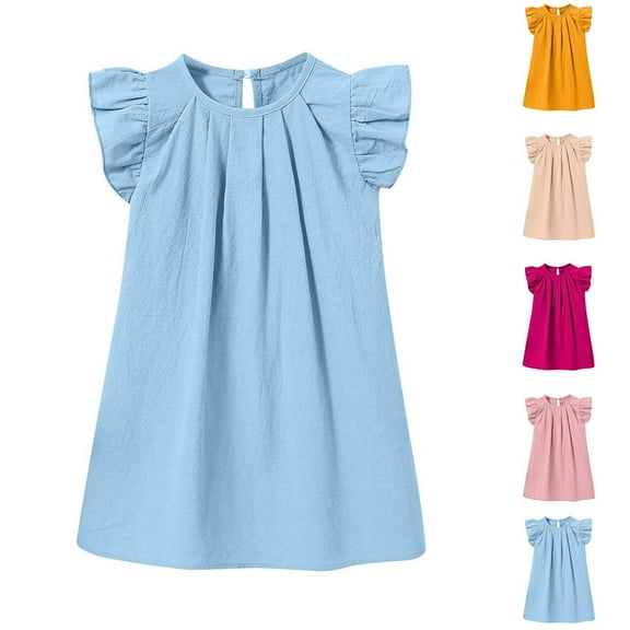MKOSPLRT 0-6 Years Toddler Girls Shirts Dresses Fly Sleeve Crew Neck Pleated Tshirt Dress Solid Casual Loose Mini Dress Summer Beach Dress