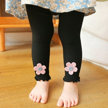 MKOSPLRT 0-6Years Cute Leggings for Infant Newborn Toddler Girl High Waist Floral Leggings Solid Color Ribbed Knit Leggings Lettuce Trim Leggings