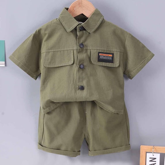 MKOSPLRT 1-5 Years Cargo Sets for Toddler Boy 2 Piece Button Down Shirts Elastic Waist Wide Leg Shorts Solid Lounge Tracksuits with Pocket