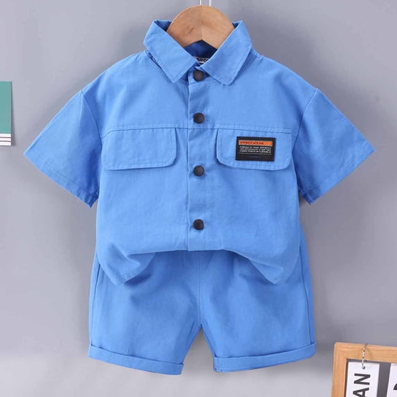MKOSPLRT 1-5 Years Cargo Sets for Toddler Boy 2 Piece Button Down Shirts Elastic Waist Wide Leg Shorts Solid Lounge Tracksuits with Pocket