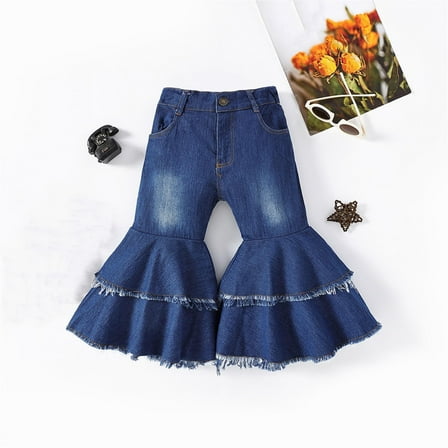 MKOSPLRT 1-6 Years Ruffle Flare Jeans for Toddler Girl High Waist Baggy Bootcut Jeans Solid Color Lounge Jeans with Pocket Gifts for Kid